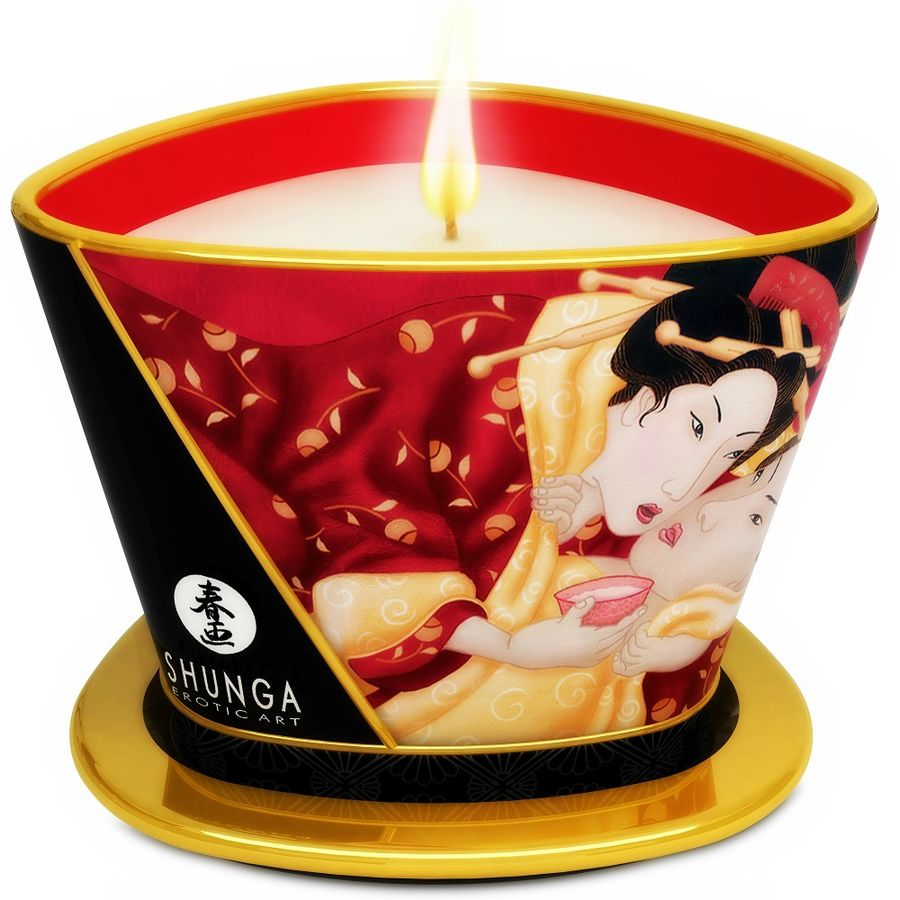 Vela de masaje Shunga Mini Caress con aroma a fresa y cava, 170 ml
