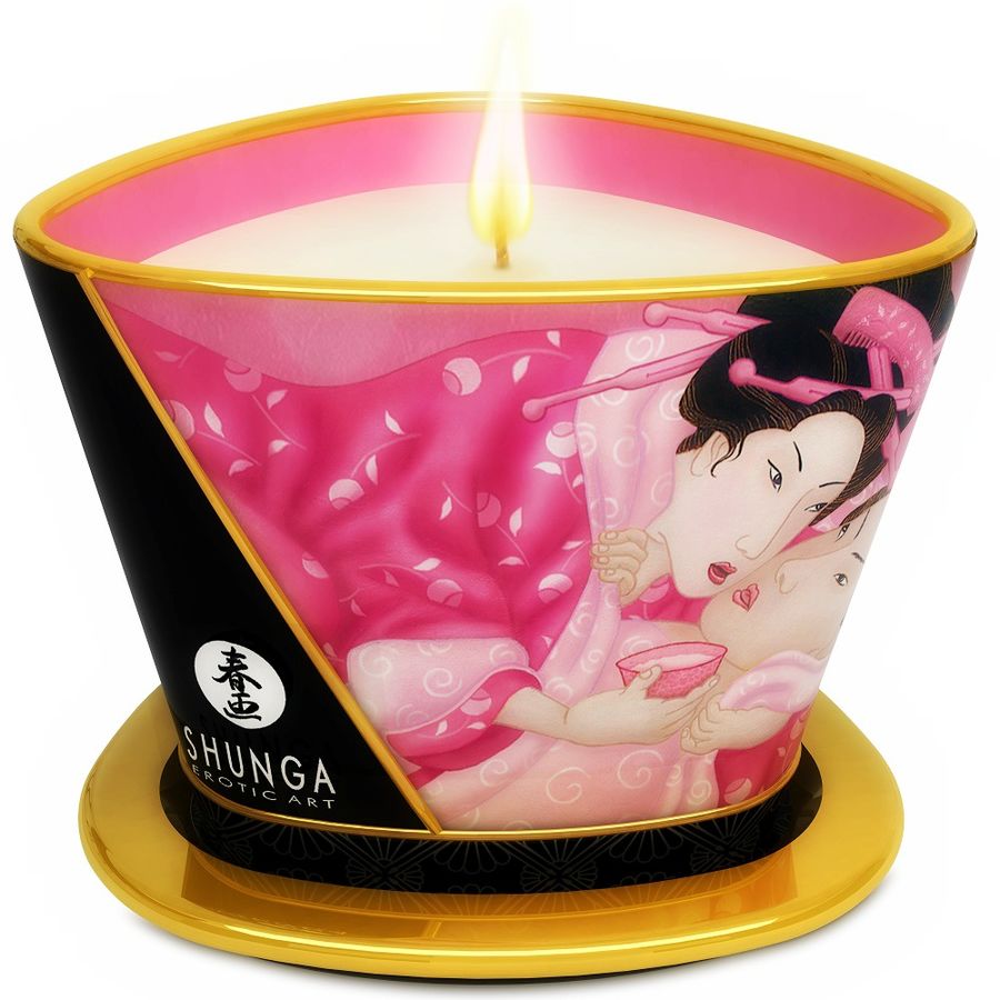 Vela de masaje Shunga Mini Caress con aroma a rosas, 170 ml