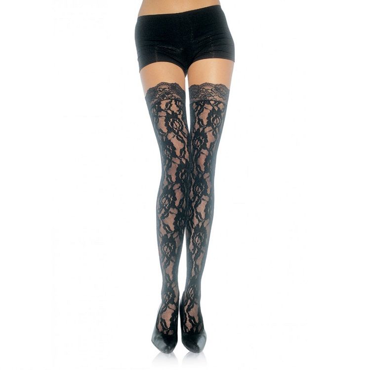 Medias negras LEG AVENUE con estampado floral y remate de encaje