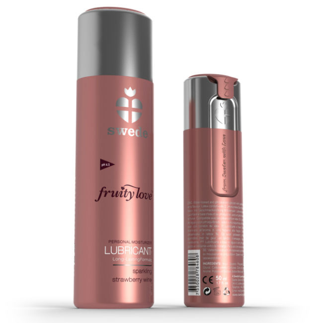 Lubricante afrutado con sabor a champán de fresa, de base acuosa y comestible SWEDE