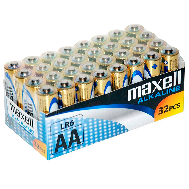 Pilas alcalinas AA LR6, pack de 32, larga duración para tus dispositivos MAXELL