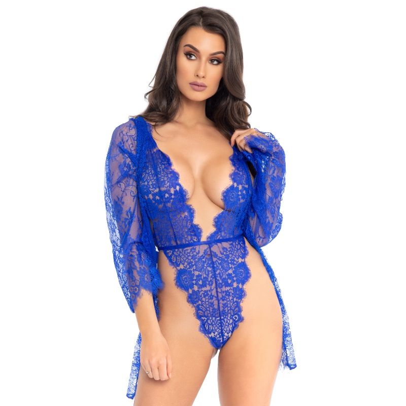 Teddy de encaje con bata azul, elegante y sensual LEG AVENUE