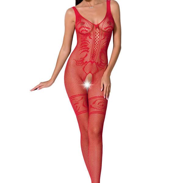 Body de rejilla rojo con abertura en la entrepierna y tejido elástico, PASSION