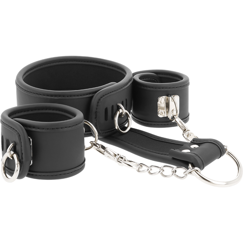 FETISH SUBMISSIVE Esposas con accesorio para el cuello y cadena de unión