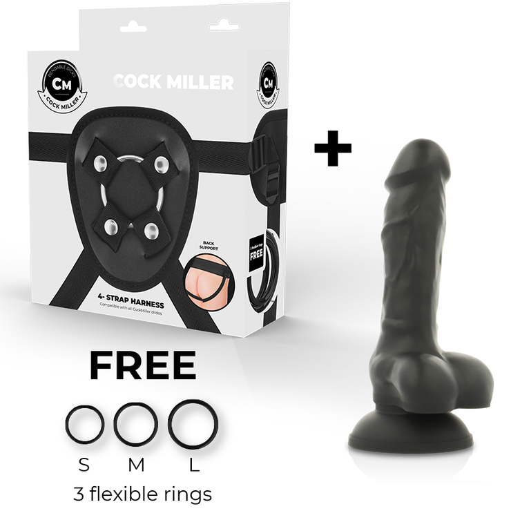 COCK MILLER ARNÉS + DILDO DE SILICONA Cocksil DE DOBLE DENSIDAD ARTICULABLE NEGRO 13 CM